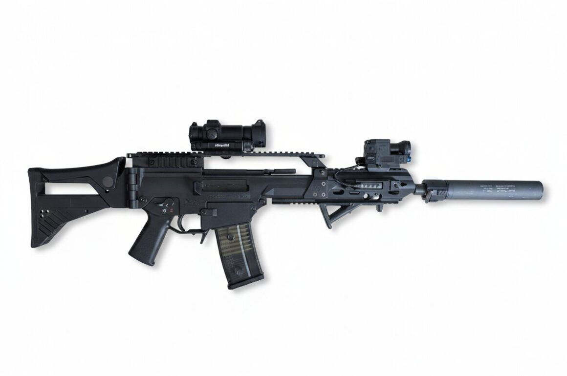 „VFC G36 GBB Airsoft-Gewehr, umgebaut auf G36KA4-Konfiguration mit Aimpoint-Visier, taktischem Handschutz und Schalldämpfer